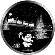 Babbo Natale con treno carico di regali, pacchi dono e paesaggio natalizio, gobo Natale